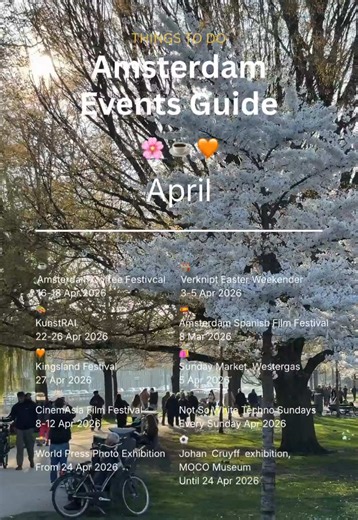 April in Amsterdam is when the city finally wakes up. 🌸☕️ The cherry blossoms are out, the terrace chairs are back, and there’s that specific kind of energy where everyone is just waiting for the first real sunny day. If you’re around, here’s what’s actually worth your time this month: ☕️ Amsterdam Coffee Festival (16–18 Apr) Coffee, cocktails, and that specific NDSM vibe. Ideal for a caffeinated afternoon by the water. 🐣 Verknipt Easter Weekender (3–5 Apr) Three nights of heavy techno to prop