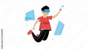 motion graphic virtual reality technology, 4k animation of people floating while using vr, flat design style, white background