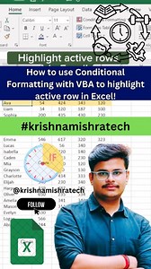 How to use Conditional Formatting with VBA to highlight active row in Excel! Save this so you won’t forget it! Thanks for watching the video! If you like the video please don’t forget to like it. and Follow the account to increase your excel knowledge Thanks for watching! If you like, please don’t forget to like & follow Follow:- @krishnamishratech #krishnamishratech #krishnamishratechvideos #krishnamishrareel #krishnamishranew #krishnamishra Save this so you won’t forget it💡 #excel #exceltips 