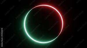 Seamless looping round circle picture frame with two-tone neon color shade motion graphic on isolated black background. Green and red light moving for overlay element