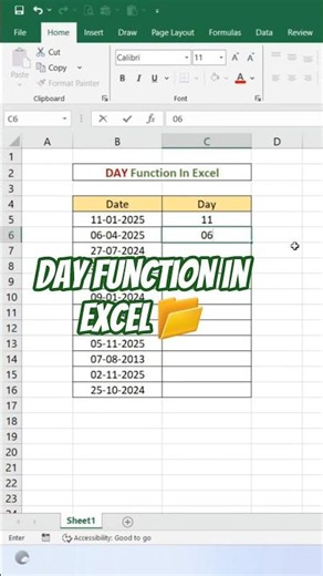 Day function in excel 😍 #excel #exceltips #exceltricks #exceltutorial #excelshorts #trending #yt #fb