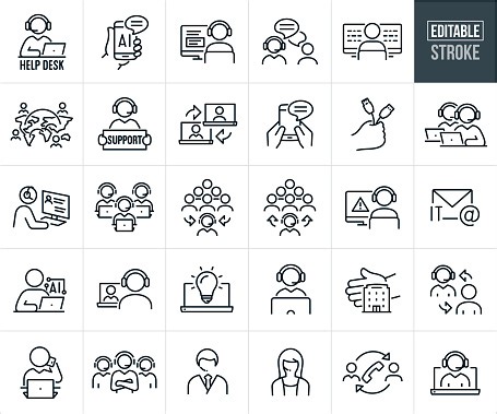 A set of help desk and technical support icons that include editable...