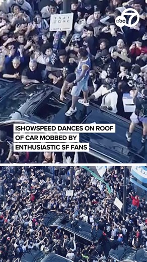 SKY7 captured footage of hugely popular influencer IShowSpeed climbing on top of a car swarmed by adoring fans in San Francisco and dancing on the car's roof while he attempted to sign autographs. | ABC7 News