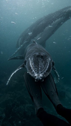 Curious Humpback Whale Calf Approaches Scuba Diver
