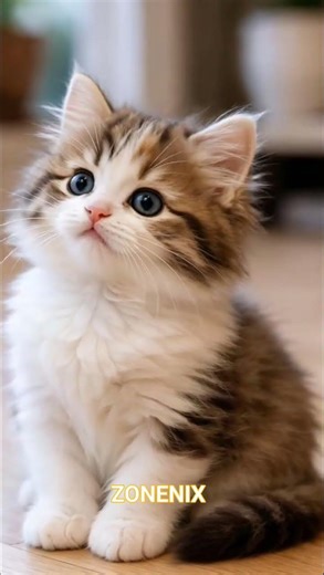 Cute Fluffy Kitten with Big Blue Eyes Looking Up – Adorable Baby Cat