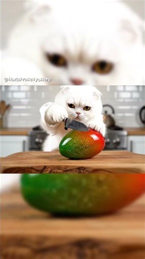 Kucing lucu sedang memotong mangga kaca warna warni 😁