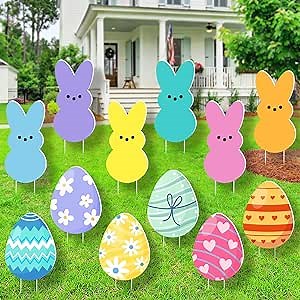 12 PCS Pastel Easter Yard Signs Decorations Outdoor - Colorful Cute Easter Bunny Egg Yard Signs with Stakes - Large Size Waterproof Spring Rabbit Decor for Lawn Front Porch Egg Hunt Holiday Supplies