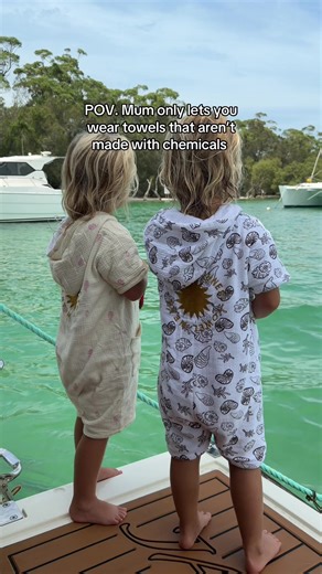 Towel-Wear that’s OEKO-TEX® 100% Organic Cotton standard 100 Certified. Our unique, towel jumpsuits are thrown on after a swim & worn all day! Taking the stress and worry out of packing the whole house every time you leave for the beach or pool with kids! #towelwear #towelling #wearabletowels #toweljumpsuits