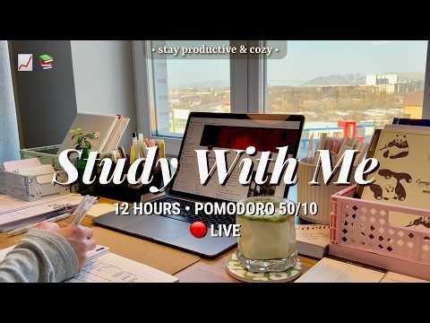 12 HR • STUDY WITH ME • Pomodoro 50/10 | Relaxing Fireplace Sound