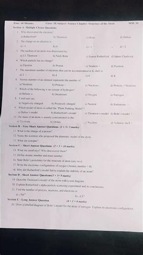test of chapter 4 science class 9 th structure of atom