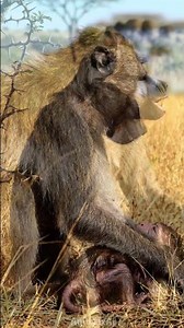 Baboon Mother and Newborn in the Savannah #animals #asmr #shorts #baby #baboon #wildlife #monkey