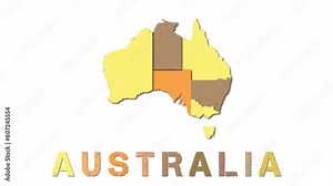 Australia map with paper regions. Animated country map growing from regions and title letters falling down. Modern 4K animation.
