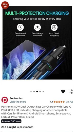 PORTRONICS 80W DUAL OUTPUT FAST CAR Charger with Type-C PD & USB, LED Indicator #carcharger #viral