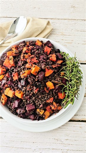 This French Lentil, Roasted Beet, and Sweet Potato Salad is cozy, vibrant, and so easy to make ahead for your Thanksgiving. Recipe here: https://womenoftoday.com/french-lentil-roasted-beet-and-sweet-potato-salad/ | Women of Today By Camila Alves McConaughey