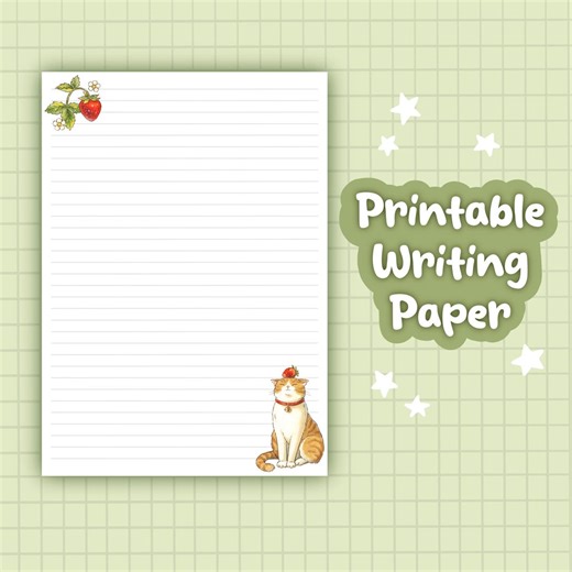 Strawberry Cat Writing Paper Template | Digital Download, Printable Letter Paper, A4, Lined or Blank - Etsy