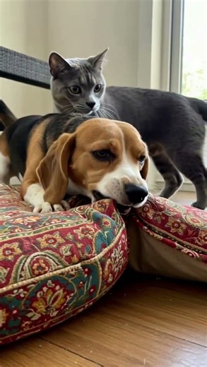 👀Dog Chewing the Cushion and the Cat on Guard 🐶🐱 #puppy #doglife #cute #dogandcat #pets #beagle #cat