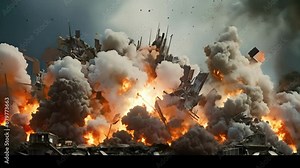 A series of synchronized explosions demolish a row of buildings, reducing them to rubble.