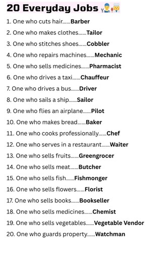19K views · 10K reactions | 20 Everyday Jobs You Must Know | With Rani Ma’am ‍ Learn everyday job names you hear around you! From Barber to Watchman, these 20 simple yet essential English words will make your daily conversations smoother and smarter. ✨ #EnglishWithRaniMam #EverydayEnglish #JobsVocabulary #LearnEnglishFree #EnglishForBeginners | English With RANI MAM | Facebook