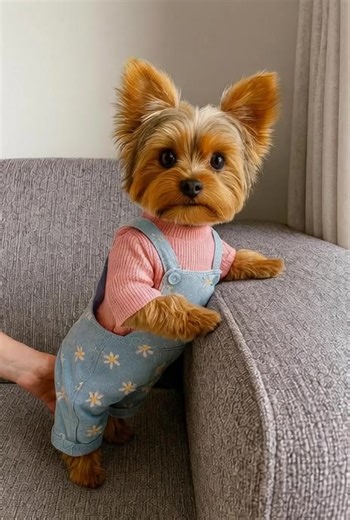 My name is Muffin 🐾. Today I wore my pink sweater and blue floral overalls because Levent dad said, "You'll be so cute today." 💕 I stood up straight on the couch and posed; I'm like a "very serious but tiny model"! 📸 I thought to myself, "I wonder if this pose will go viral?" because my eyes were sparkling. ✨ I think I'll get my treat soon... because you can't be this cute on an empty stomach! 😋 #YorkieLife #YorkieLove #PetLovers #CuteDog #FurryBaby #YorkieStyle #ViralMoment #MiniModel | Dea