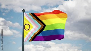 New Progress Pride Flag. lgbtqi+ flag flutters on the wind . Cloudy sky background
