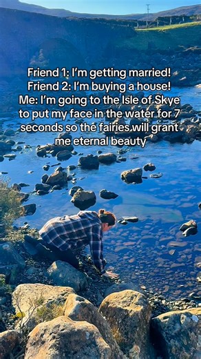 Legend says the Fairy Queen of Skye blessed the waters of the River Sligachan after a fierce battle between two clans. She promised that anyone brave enough to dip their face in the icy water for seven seconds would be granted eternal beauty, wisdom, and the glow of the fae themselves. My friends are buying houses and getting married… and I’m out here making deals with fairies. 🌊😂✨ #travel #adventure #explore #europe #simplytrafalgar #summer #scotland #trafalgartours #trafalgar #trafalgarscotl