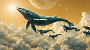 Download Whales soaring through a surreal yellow sky on an alien planet, creating a magical, dreamlike landscape where fantasy creatures float among the clouds in a cosmic, otherworldly world for free