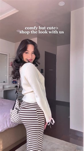 Casual Winter Outfit: Off-Shoulder Pullover & Striped Pants