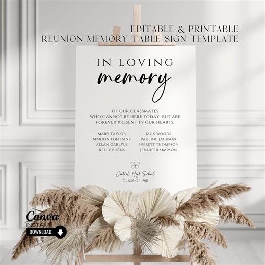 High School Reunion Memorial Sign: Minimalist in Loving Memory Tabletop Decor (printable Canva Template) - Etsy