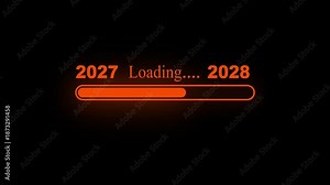 New year 2028 loading bar animation Year changing from 2027 to 2028. Loading bar from 2027 to 2028 new year transfer animation. Almost reaching New Year on black background