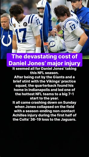 The devastating cost of Daniel Jones’ major injury It seemed all for Daniel Jones’ taking this NFL season. After being cut by the Giants and a brief stint with the Vikings’ practice squad, the quarterback found his home in Indianapolis and led one of the hottest NFL teams to a big 7-1 start to the year. It all came crashing down on Sunday when Jones collapsed on the field with a season-ending non-contact Achilles injury during the first half of the Colts’ 36-19 loss to the Jaguars. | American Sp