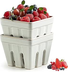 Gomakren Ceramic Berry Basket Set of 2, Square Fruit Bowl with Holes, Small Fruit Basket Containers for Kitchen Counter, Berries, Strawberry, Grape, Cherry, White