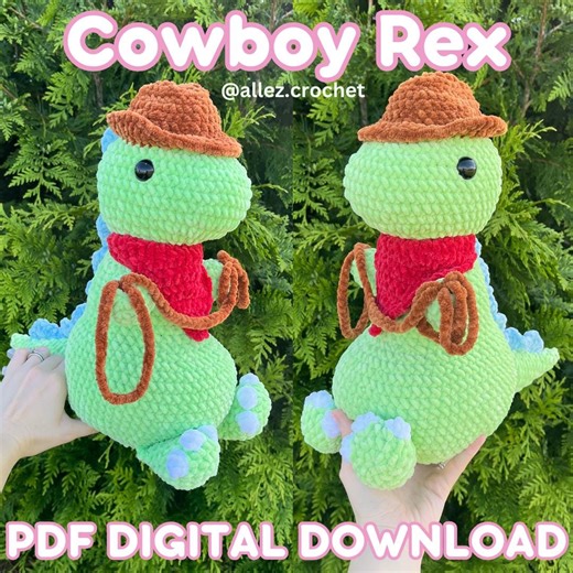 Cowboy Rex Pattern PDF Digital Download Amigurumi Stuffed Animal Crochet Dino Plushie Pattern With Cowboy Hat, Bandana, and Lasso - Etsy