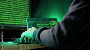 back view of computer hacker's hand typing code on keyboard at dark room