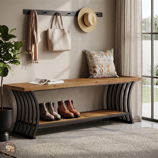 Solid Wood Entryway Bench With Lower Storage Shelf for Bedroom or Living Room Wide Industrial Seating Solution for Two Adults. - Etsy