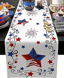 4th of July Table Runner Patriotic Stars Table Runners Independence Day Fireworks Cotton American Flag Linen Dresser Scarf Kitchen Dining Table Decor for Memorial Day July 4th Holiday Party 13x48 Inch