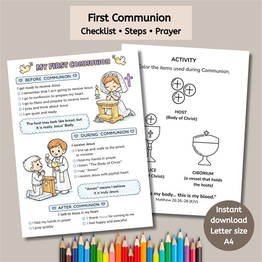 First Communion Printable for Kids, Catholic Checklist & Coloring Page, Communion Activity, Sacrament Prep - Etsy