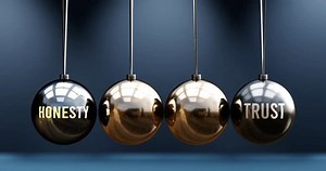 Honesty leads to trust. A Newton cradle metaphor in which honesty gives power to set trust in motion. Cause and effect relation between honesty and trust. Can be looped