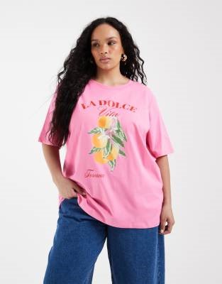 ONLY Curve oversize fit t-shirt with oranges print in pink | ASOS
