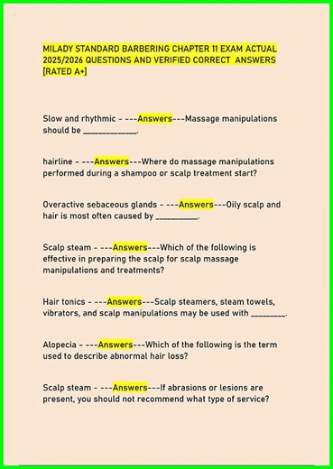 MILADY STANDARD BARBERING CHAPTER 11 EXAM ACTUAL 20252026 QUESTIONS AND VERIFIED CORRECT ANSWERS RAT