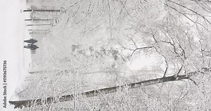 People walking in snow-covered public park in holidays, winter fairy tale in the forest, snow-covered tree branches, heavy snowfall, large flakes of snow are slowly falling, snow storm, blizzard
