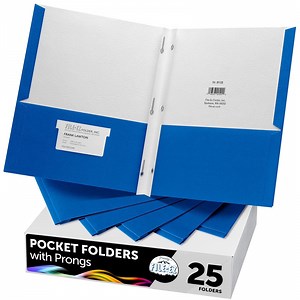 FILE-EZ Two-Pocket Folders with 3-Prong Fasteners, Blue Color, 25-Pack, Durable Textured Paper, Matte Finish, Letter Sheet Size (EZ-62523), Made in USA