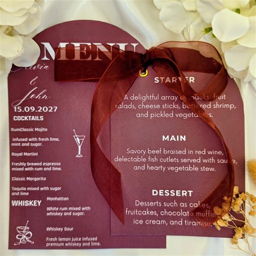 Elegant Burgundy Wedding Menu, Personalised Menu Card With Organza Ribbon , 300gsm Hammered Card , Luxury Reception Table Décor - Etsy