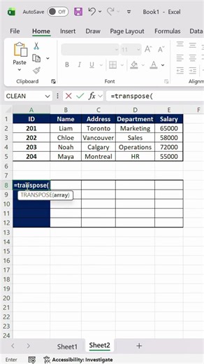 Transform Your Data Layout Instantly with Excel TRANSPOSE #youtubeshorts #excel#exceltips