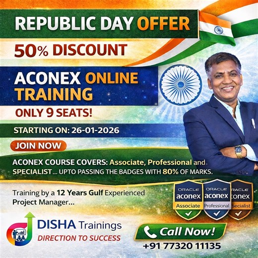 Disha Trainings on Instagram: "🔥 ACONEX ONLINE TRAINING – 50% DISCOUNT 🔥 Upgrade your career with ACONEX certification and get ready for Gulf construction projects. ✅ ACONEX Course Covers: ✔ Associate ✔ Professional ✔ Specialist ✔ Training support up to passing badges with 80% marks 👨‍🏫 Training by a 12 Years Gulf Experienced Project Manager 🎯 Industry-oriented | Job-focused | Practical guidance 📅 Batch Starts: 26-01-2026 🚨 Only 9 Seats Available – Limited Offer! 📞 For Registration & Det