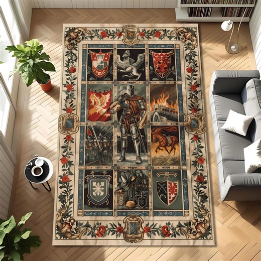 Medieval Heraldry Knight Rug, Vintage Tapestry Style Area Carpet With Shields & Roses Border, Gothic Castle Living Room Home Decor - Etsy