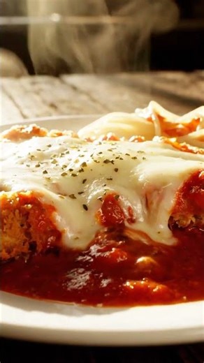 Italian Chicken Parmigiana in Sunlit Kitchen Glory – Crispy Golden Cutlet with Bubbling Marinara