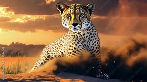 Cheetah resting on sandy terrain during sunset in the savannah, highlighting wildlife, nature, and the beauty of African landscapes.