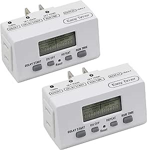 Clear Power 24 Hour Programmable Indoor Digital Timer (2 Pack), ON/Off Button, LCD Display, ETL Listed, for Lamps, Home, Office, Christmas Lights & Holiday Decorations, Single Polarized Plug, CP50010