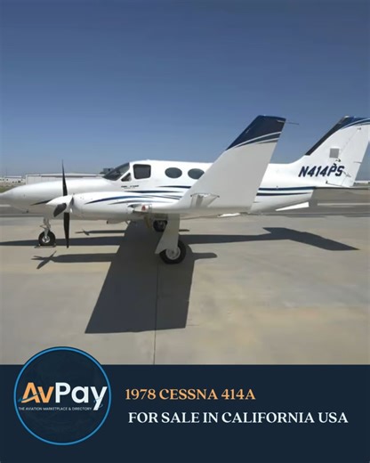 For Sale 1978 Cessna 414A by OCR Aviation Price: USD $550,000 Located in Long Beach California USA (N414PS) with 8,500 hrs TT. Equipped with Garmin GNS 530/430 avionics, ADS-B In/Out, and KFC 200 autopilot. This 414A offers proven performance with modern reliability, featuring low-time engines, cold air conditioning, and de-ice boots. Always hangared and meticulously maintained. Find more at: https://avpay.aero/company/ocr-aviation/product/1978-cessna-414a-for-sale-in-california-usa-n414ps/ #Ces