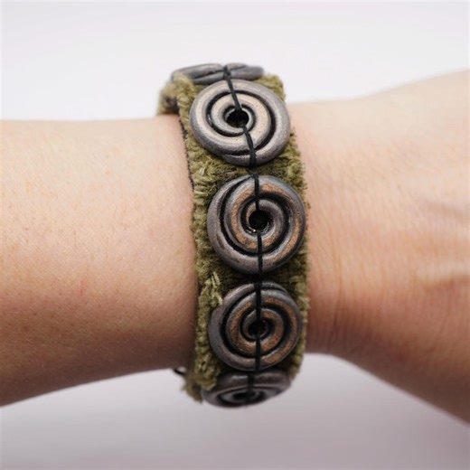 Olive Green Textile Bracelet With Ceramic Spiral Beads – Rustic Punk Cuff - Etsy